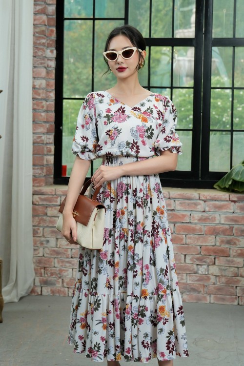 Sixdo Cream Floral Midi Chiffon Dress